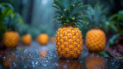 a close up of a pineapple on a wet surface with other pineapples in the background in the rain.