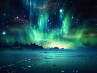 A mesmerizing aurora dances across the starry sky above a tranquil lake, reflecting the ethereal green light against the backdrop of majestic mountains