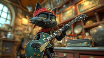 a cat figurine is playing a guitar in a room full of shelves and a clock on the wall.
