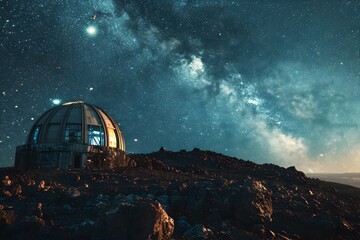 a telescope sitting on top of a rocky hill under a night sky filled with stars