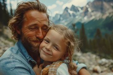 Photo sur Plexiglas Mont Cradle A joyous father cradles his precious toddler, their faces beaming with love and happiness, against a breathtaking mountain backdrop as they embark on a blissful hike together under the open sky