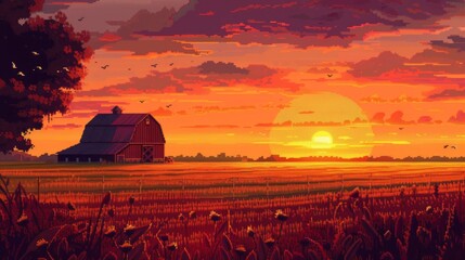 An idyllic painting of a rural farm at sunset, with golden grass, a vibrant sky, and a quaint barn surrounded by lush fields and towering trees