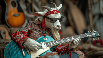 a goat with sunglasses and a bandana playing a guitar in a room full of guitars and other musical instruments.