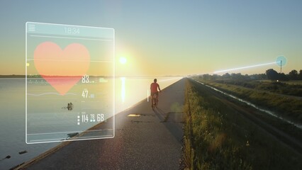 Person biking, smart device uploading infographic data to a tower. 3D Graphic