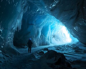 a man standing inside of a blue ice cave - Powered by Adobe