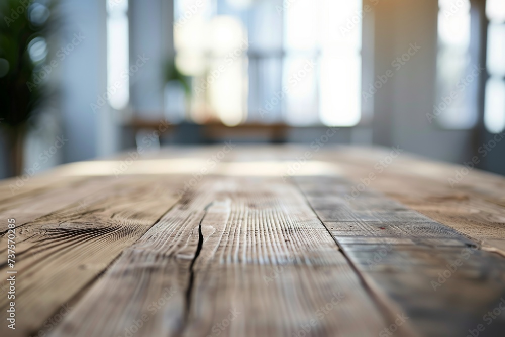 Aufkleber a rustic wooden table sits in the sunlight, its smooth planks contrasting against the worn floor and