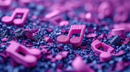 a close up of a music note surrounded by pink and blue beads and beads on a blue surface with a purple background.