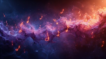 Fototapeta na wymiar a group of musical notes floating in the air over a blue and purple background with orange and pink swirls.