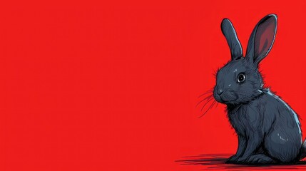 Fototapeta na wymiar a drawing of a rabbit sitting in front of a red background with a black outline of a rabbit's head.