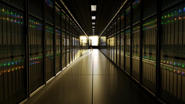 3d render of woman standing in a large datacenter aisle checking on a server.  Background is sunlit.