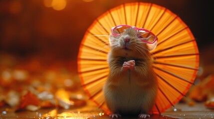 a hamster with a pink bow on its head is standing in front of an orange umbrella with a pink bow on it's head.