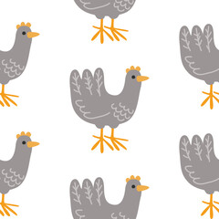 Cute gray chicken, simple and cartoonish. Vector seamless pattern.