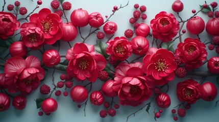 a bunch of red flowers sitting on top of a blue wall next to a branch with leaves and berries on it.
