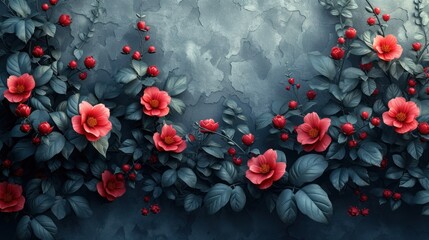 a painting of red flowers and green leaves on a gray background with a gray wall in the middle of the picture.