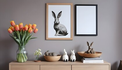 Interior design of spring living room interior with mock up poster frame, glass vase with tulips, wooden sideboard, hare sculpture, bowl, ladder, and personal accessories. Home decor. 