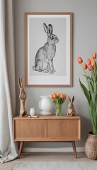 Interior design of spring living room interior with mock up poster frame, glass vase with tulips, wooden sideboard, hare sculpture, bowl, ladder, and personal accessories. Home decor. 