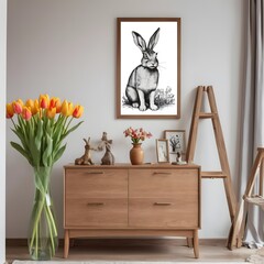 Interior design of spring living room interior with mock up poster frame, glass vase with tulips, wooden sideboard, hare sculpture, bowl, ladder, and personal accessories. Home decor. 