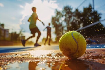 A lone tennis ball rests on the sandy beach, a forgotten piece of sports equipment waiting to be picked up and brought back into the game under the vast blue sky - obrazy, fototapety, plakaty