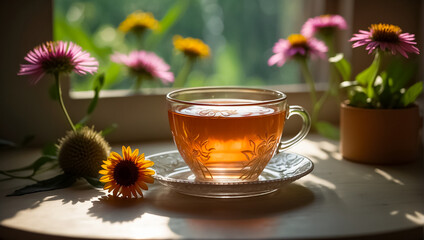 Beautiful cup of tea, echinacea flower traditional - obrazy, fototapety, plakaty