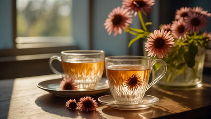 Beautiful cup of tea, echinacea flower - obrazy, fototapety, plakaty