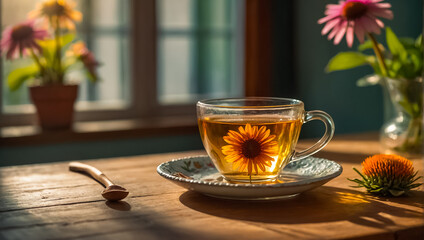 Beautiful cup of tea, echinacea flower drink - obrazy, fototapety, plakaty