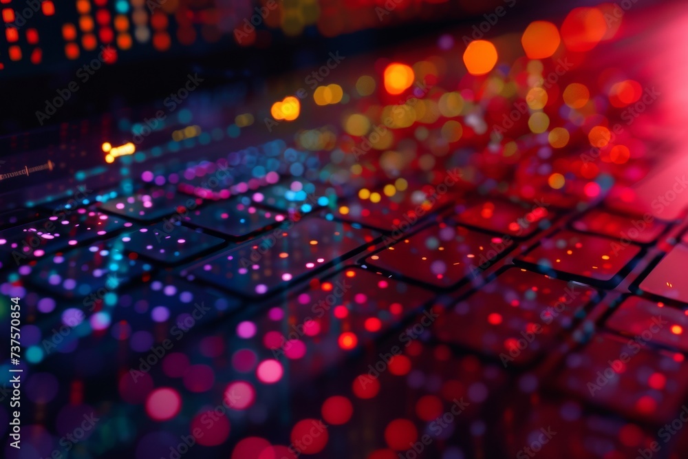 Poster vibrant hues dance across the keys, illuminating each stroke with a mesmerizing glow - a keyboard th