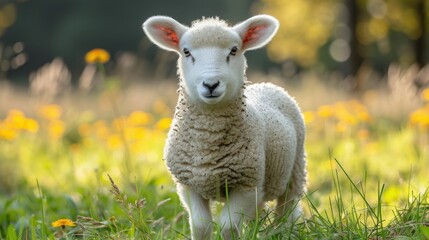 a close up of a sheep in a field of grass with dandelions in the background and trees in the background.