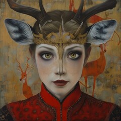 A captivating portrait of a regal woman adorned with deer horns and a majestic crown, expertly painted in stunning detail
