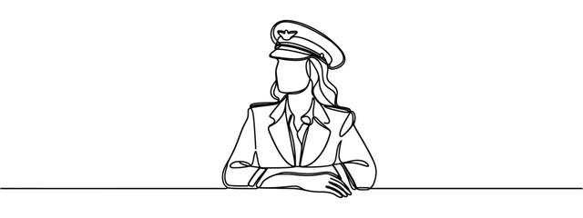Single one line drawing of a female pilot with a thumbs-up gesture and in full uniform ready to fly with the cabin crew on the plane at airport. Continuous line draw design graphic vector illustration