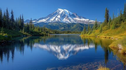 a mountain with a snow capped peak is reflected in the still water of a lake surrounded by coniferousy trees.