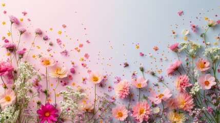  Bright wildflowers and petals dance on the breeze against a light backdrop, sprinkled with colorful flecks.