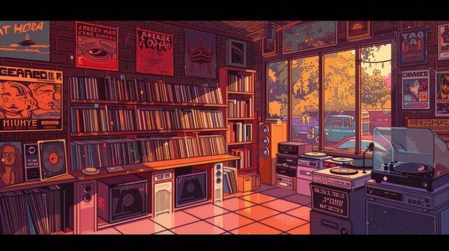 Cozy cabinetry frames a serene indoor library, adorned with shelves of books and a collection of vintage vinyl records