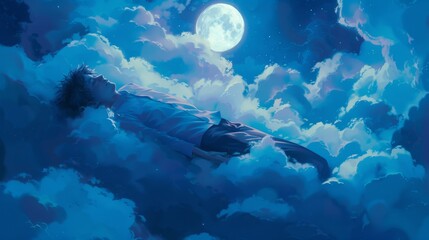 Fototapeta na wymiar Immersed in the beauty of nature's canvas, a man swims among the ethereal clouds, gazing up at the moon while surrounded by a vibrant reef of art
