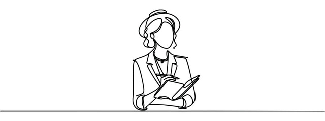 Continuous one line drawing of a young woman teacher taking some notes. Vector illustration