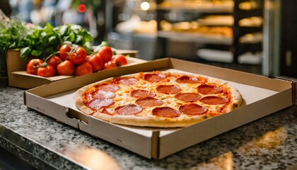 Pizza de pepperoni para entrega por delivery em uma caixa de pizza de papelão. Embalagem, para viagem, pizzaria, produto, comércio, venda. - obrazy, fototapety, plakaty