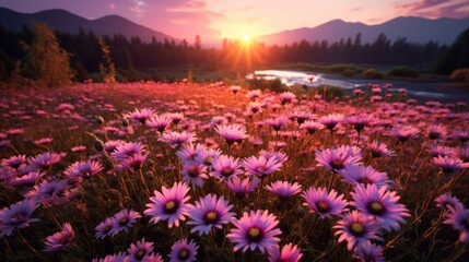 landscape view of sunset in a aster field