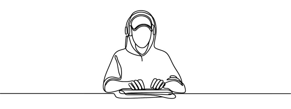 Man learning or working online. One line art. A developer programming. The coder at remote work from home. Online work and education concept. Vector illustration.