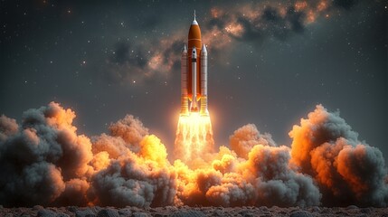 an artist's rendering of a rocket taking off into the sky with clouds in the foreground and stars in the background.
