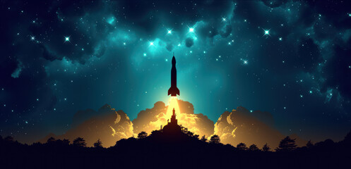 a silhouette of a rocket taking off from a mountain under a night sky with stars and the moon in the distance. - obrazy, fototapety, plakaty