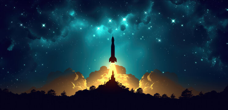 a silhouette of a rocket taking off from a mountain under a night sky with stars and the moon in the distance.