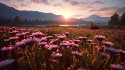 landscape view of sunset in a aster field