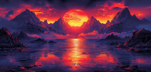 a painting of a sunset with mountains and a body of water in the foreground and a red sun in the background.