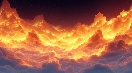 a painting of a sky filled with clouds and a star filled sky with a bright orange and yellow light coming from the top of the clouds.