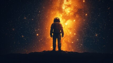 a man in a space suit standing in front of a star filled sky with a bright orange and yellow explosion behind him.