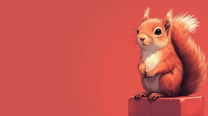 a painting of a squirrel sitting on top of a block of red paper with its front paws on the edge of a block of red paper.
