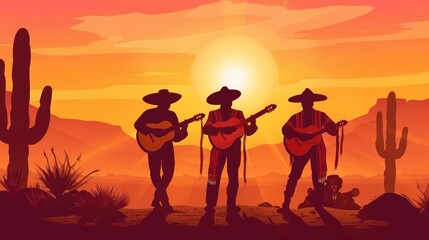 Mexican mariachi group playing guitar in the middle of a desert sunset - obrazy, fototapety, plakaty
