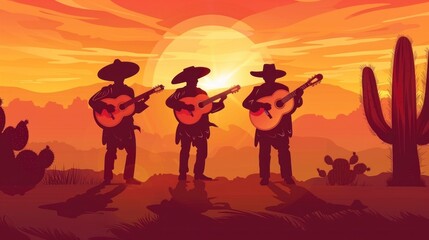 group of Mexican mariachis playing guitar in the middle of a sunset in a desert in high resolution
