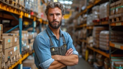 a man with a beard and overalls standing in a warehouse with his arms crossed and looking at the camera. - obrazy, fototapety, plakaty