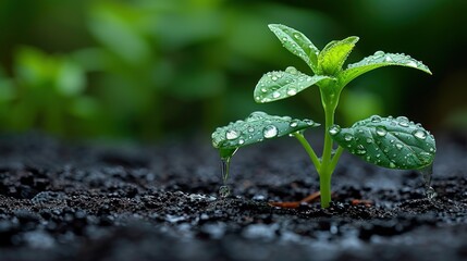 a young plant sprouts from the ground with water droplets on it's leaves in a green and black background.