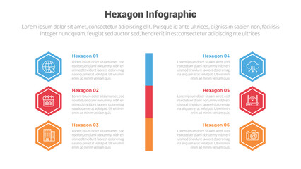 hexagon or hexagonal honeycombs shape infographics template diagram with vertical stack and horizontal shape divider with 6 point step creative design for slide presentation